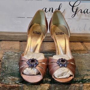 Stuart Weitzman 'Goodlife' Satin Peep Toe Pink Blush Rhinestone Heels Sz 7.5